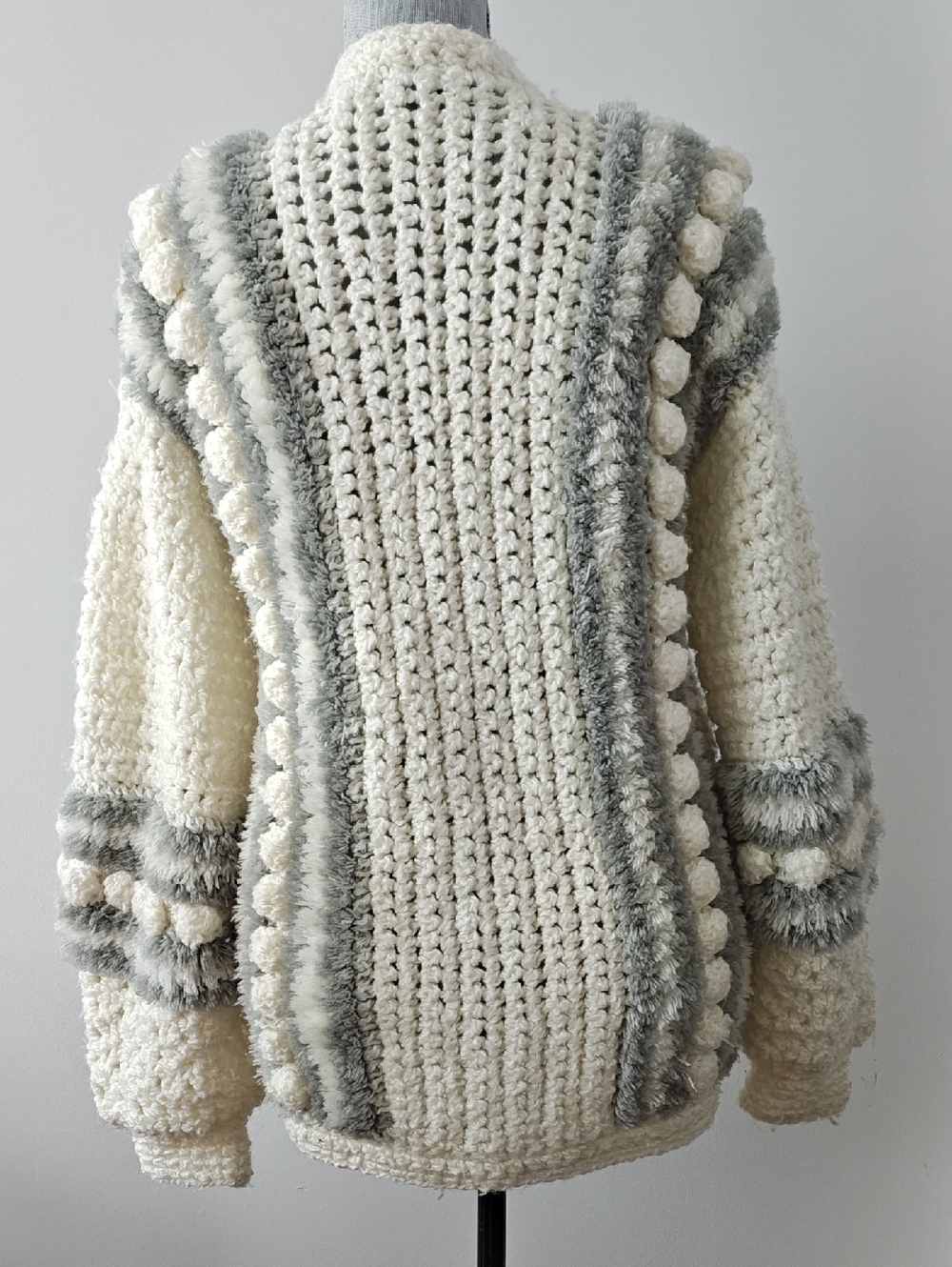 Vintage Puff Pom Pom Chunky Knit Zip Up Sweater Cream Grey Small - Picture 4 of 7